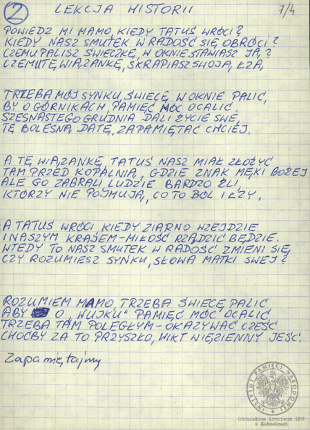 Wiersze i pieśni internowanych odnalezione w aktach Józefa Bujoczka, pracownika KWK „Julian”, internowanego w Zabrzu-Zaborzu i Uhercach (AIPN Ka 043/985, t. 2).