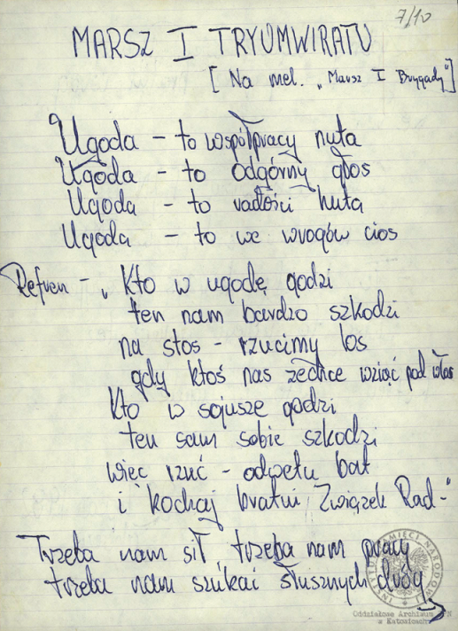 Wiersze i pieśni internowanych odnalezione w aktach Józefa Bujoczka, pracownika KWK „Julian”, internowanego w Zabrzu-Zaborzu i Uhercach (AIPN Ka 043/985, t. 2).