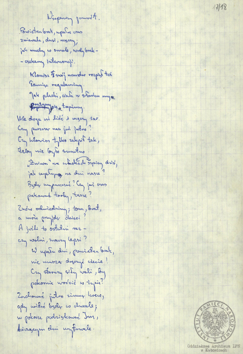 Wiersze i pieśni internowanych odnalezione w aktach Józefa Bujoczka, pracownika KWK „Julian”, internowanego w Zabrzu-Zaborzu i Uhercach (AIPN Ka 043/985, t. 2).