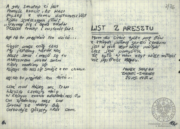 Wiersze i pieśni internowanych odnalezione w aktach Józefa Bujoczka, pracownika KWK „Julian”, internowanego w Zabrzu-Zaborzu i Uhercach (AIPN Ka 043/985, t. 2).