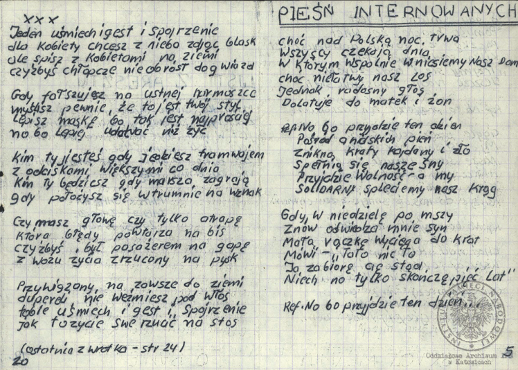 Wiersze i pieśni internowanych odnalezione w aktach Józefa Bujoczka, pracownika KWK „Julian”, internowanego w Zabrzu-Zaborzu i Uhercach (AIPN Ka 043/985, t. 2).