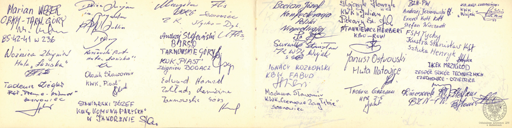 Pamiętnik z wpisami internowanych odnaleziony w aktach Józefa Bujoczka, pracownika KWK „Julian”, internowanego w Zabrzu-Zaborzu i Uhercach (AIPN Ka 043/985, t. 2, k. 7/29).