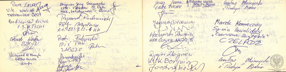 Pamiętnik z wpisami internowanych odnaleziony w aktach Józefa Bujoczka, pracownika KWK „Julian”, internowanego w Zabrzu-Zaborzu i Uhercach (AIPN Ka 043/985, t. 2, k. 7/29).