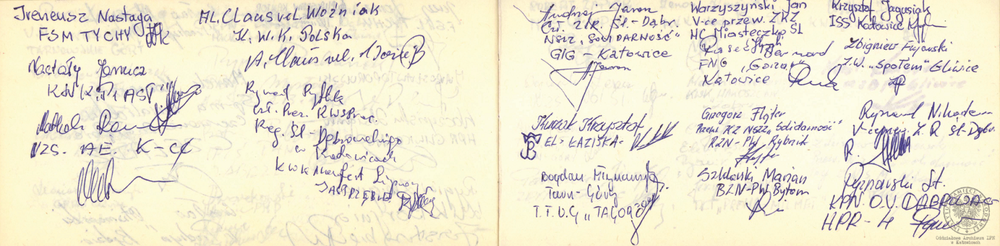 Pamiętnik z wpisami internowanych odnaleziony w aktach Józefa Bujoczka, pracownika KWK „Julian”, internowanego w Zabrzu-Zaborzu i Uhercach (AIPN Ka 043/985, t. 2, k. 7/29).