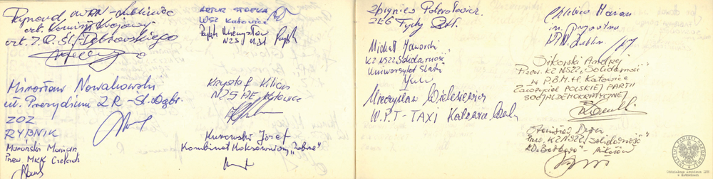 Pamiętnik z wpisami internowanych odnaleziony w aktach Józefa Bujoczka, pracownika KWK „Julian”, internowanego w Zabrzu-Zaborzu i Uhercach (AIPN Ka 043/985, t. 2, k. 7/29).