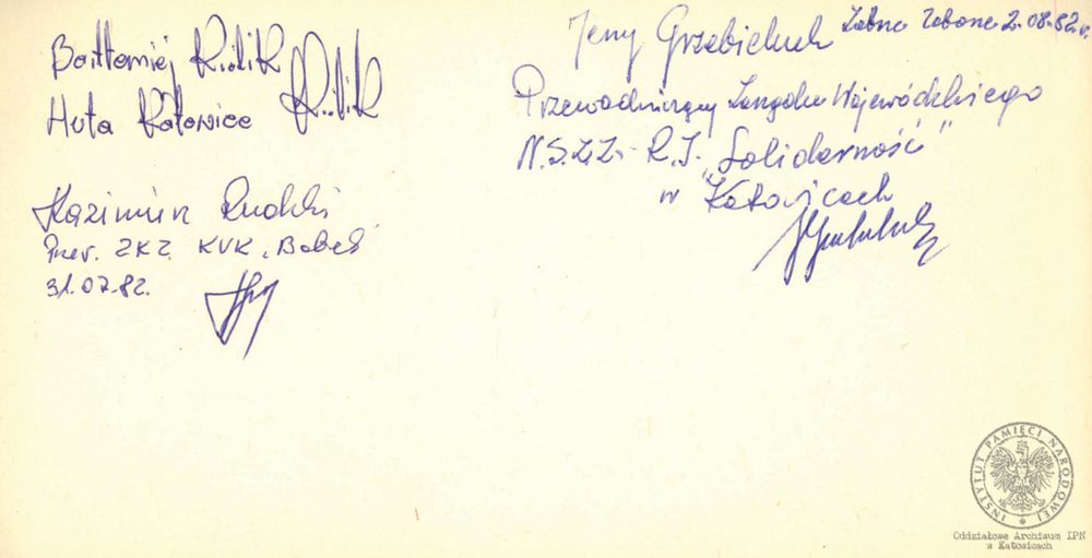 Pamiętnik z wpisami internowanych odnaleziony w aktach Józefa Bujoczka, pracownika KWK „Julian”, internowanego w Zabrzu-Zaborzu i Uhercach (AIPN Ka 043/985, t. 2, k. 7/29).