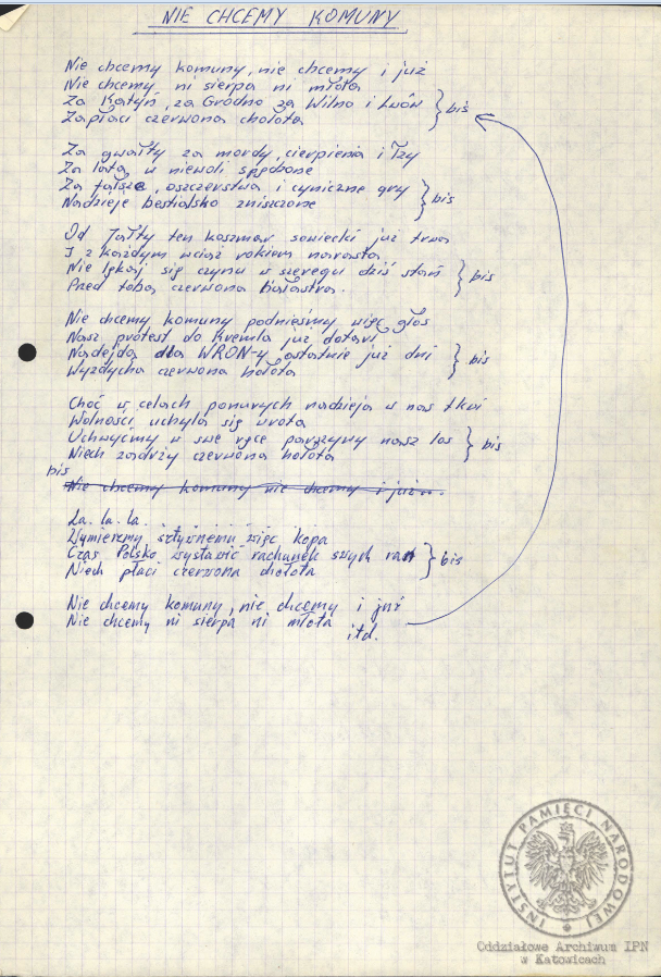 Wiersze, pieśni i modlitwy internowanych odnalezione w aktach Alfreda Cofalika, pracownika KWK „Szczygłowice, organizatora NSZZ „S” i KPN w tej kopalni, internowanego w Zabrzu-Zaborzu, Strzelcach Opolskich i Uhercach (AIPN Ka 043/1008).