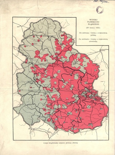 Mapa ukazująca wyniki plebiscytu liczone gminami (zbiory Archiwum Państwowego w Katowicach).
