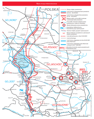 Mapa walk powstańczych zamieszczona w dodatku prasowym IPN z okazji wybuchu III  powstania śląskiego.