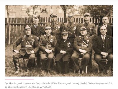 Spotkanie tyskich powstańców po latach, 1936 r. Pierwszy od prawej - siedzi - Stefan Krzyżowski. Fot. zbiory Muzeum Miejskiego w Tychach.