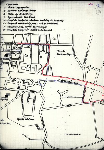 Mapka z planowana trasą przejazdu kolumny z papieżem z lotniska w Katowicach-Muchowcu do Katedry