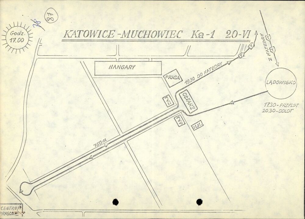 Plan przejazdu kolumny z papieżem na lotnisku w Katowicach-Muchowcu (AIPN Ka 030/177, t. 1, k. 87)
