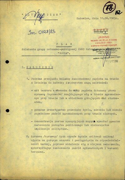 Plan działania grupy osłonowo-pościgowej KWMO w operacji „Zorza”. Katowice 10 czerwca 1983 r. (AIPN Ka 784/1, k. 162)