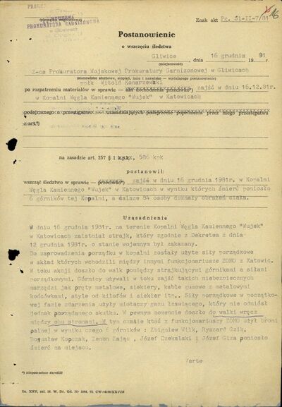Postanowienie o wszczęciu śledztwa w sprawie „zajść” (szczególnie w sprawie użycia broni przez funkcjonariuszy ZOMO) w KWK „Wujek” w Katowicach 16 XII 1981 r. (AIPN Ka 841/1, k. 17)