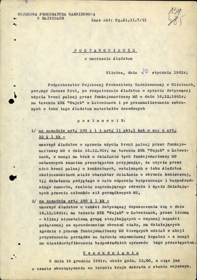 Fragment postanowienia z 20 I 1982 r. o umorzeniu śledztwa w sprawie użycia broni przez funkcjonariuszy ZOMO podczas pacyfikacji KWK „Wujek” 16 XII 1981 r. (AIPN Ka 841/3, k. 157)