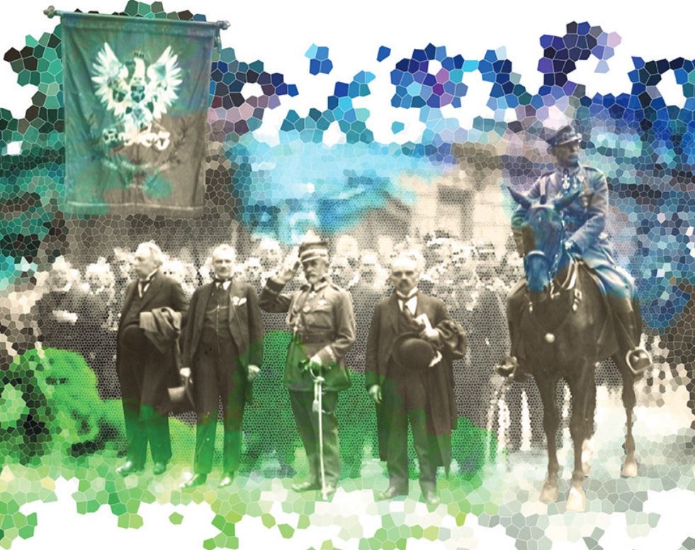 Defilada wojskowa podczas uroczystości podpisania Aktu Objęcia Górnego Śląska przez Rzeczpospolitą, Katowice, 16 lipca 1922 r. Karta sierpniowa kalendarza „Z myślą o Niepodległej“ na rok 2022. 
Fot. ze zbiorów Muzeum Śląskiego