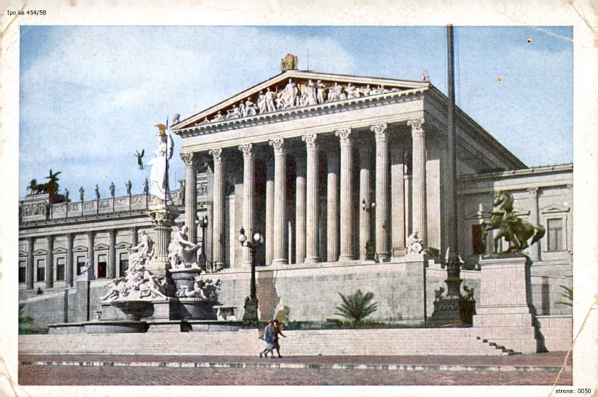 Wiedeń, centrala tamtejszej NSDAP (obecnie budynek parlamentu), 1943 r. Kolejna kartka wysłana przez rodziców z Czeladzi do Przeradza, do córki pracującej przymusowo (wydawnictwo Karla Kühne z Wiednia; IPN Ka 454/58)