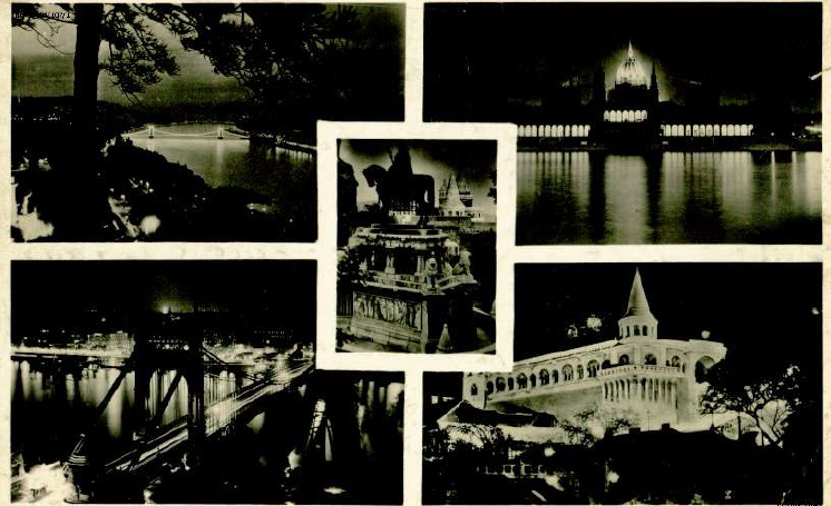Nocny widok na Budapeszt, 1940 r. Kartka przysłana do Kochłowic przez polskiego żołnierza, który zbiegł z obozu internowania na Węgrzech (kartka wydana w Budapeszcie, prawdopodobnie przez firmę Barasits; IPN Ka 454/107, t. 1)