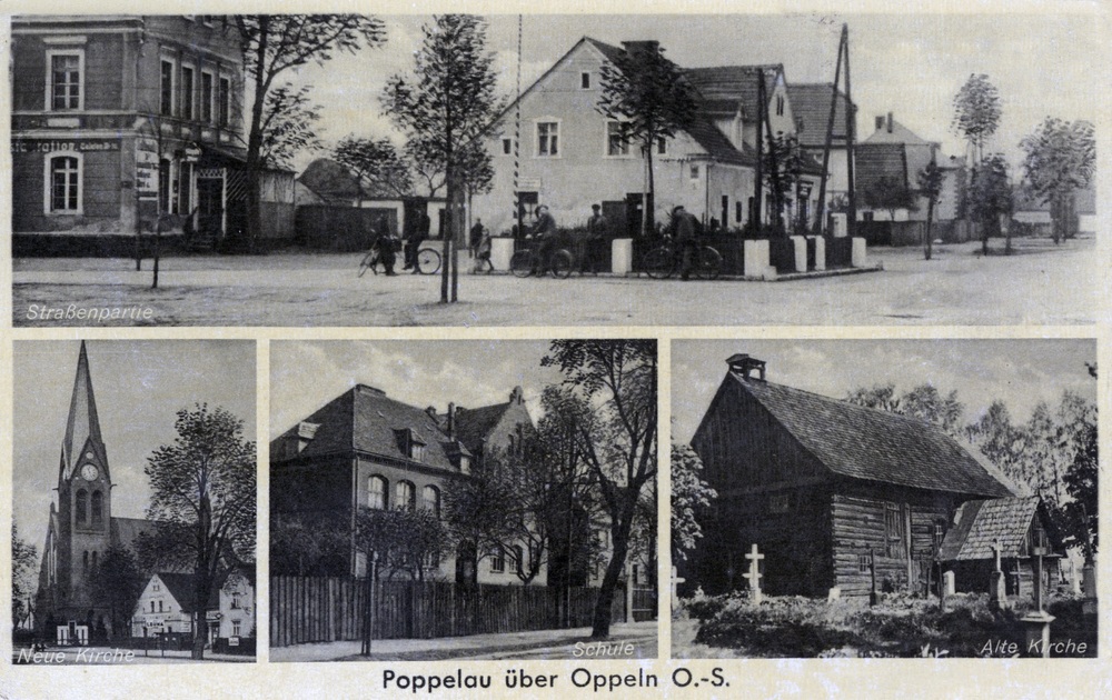 Popielów (dawniej Stary Popielów) w pow. opolskim: widok ogólny, nowy kościół, szkoła, stary kościół; kartka została wydana przed II wojną światową (wyd. M. Wientzek, Popielów; IPN Ka 04/2681)