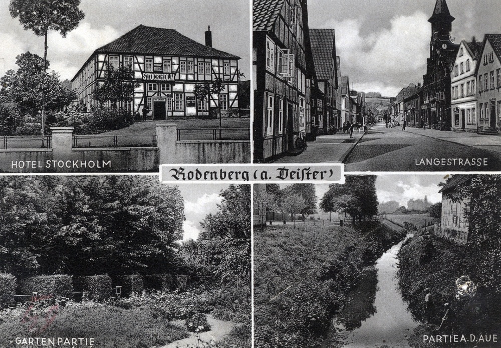 Rodenberg w Dolnej Saksonii. Rewers zawiera reklamę hotelu Stockholm (duży ogródek kawowy, kręgielnia, centralne ogrzewanie), 1943 r. (wydawnictwo graficzne F. W. Lukow, Hannover; IPN Ka 06/435)