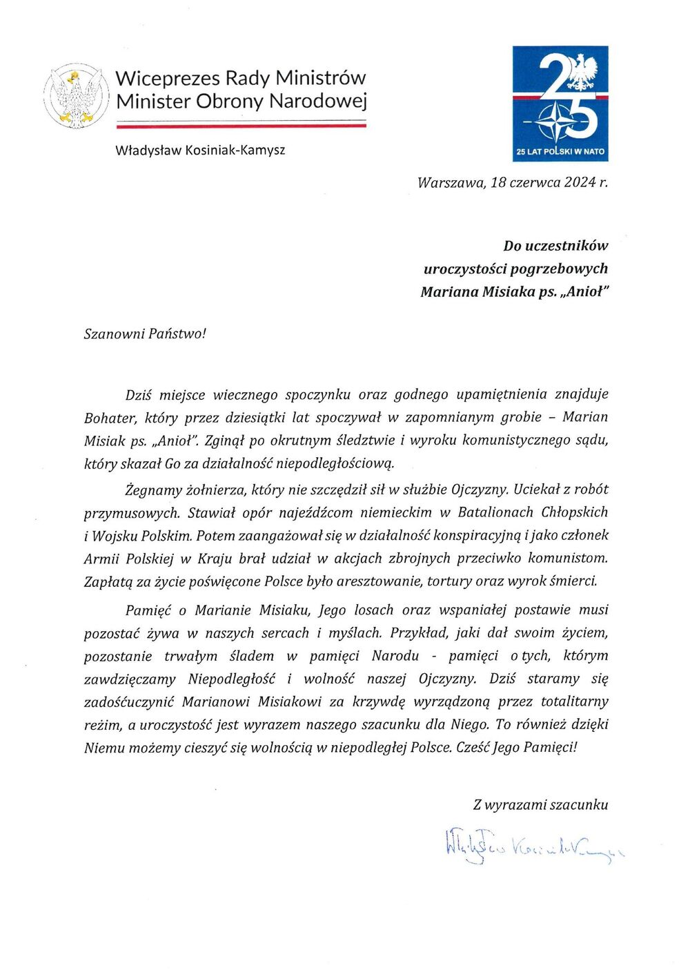 List wicepremiera, ministra obrony narodowej Władysława Kosiniaka-Kamysza