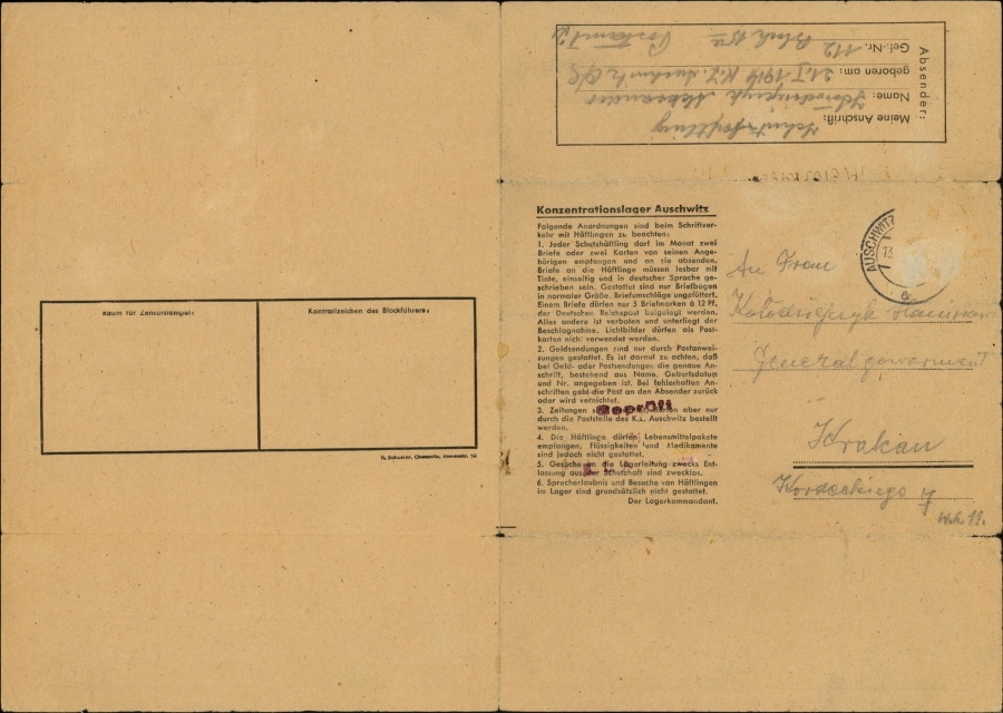 List Aleksandra Kołodziejczyka z KL Auschwitz z marca 1944 r. adresowany do mamy, Stanisławy. Fot. Archiwum IPN