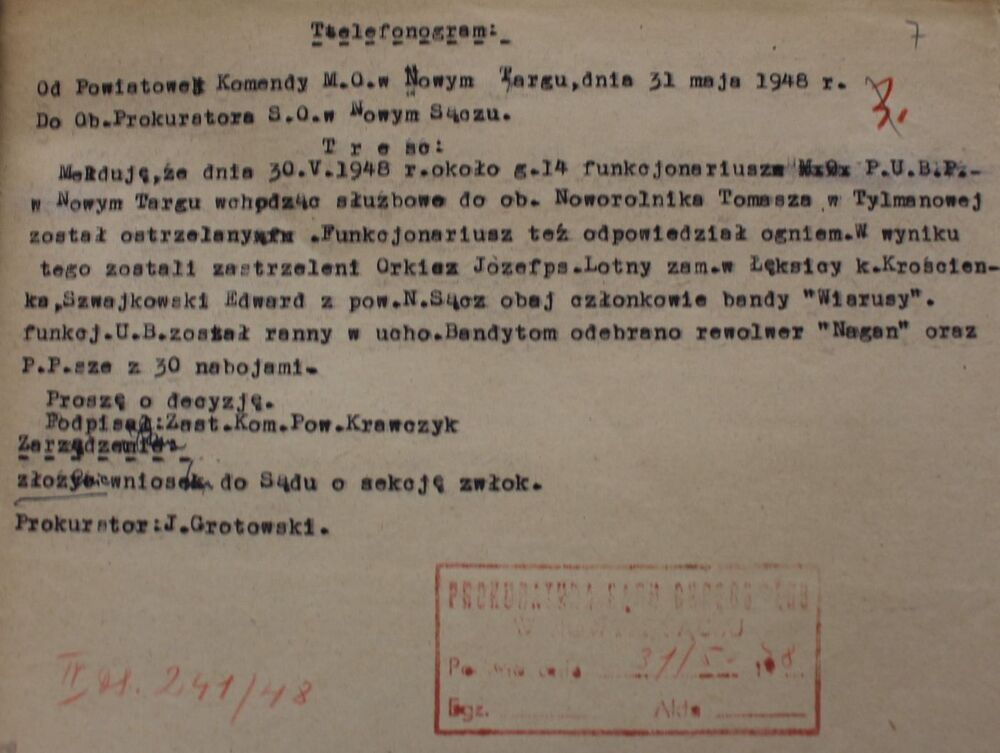 Telefonogram PK MO w Nowym Targu do prokuratora Sądu Okręgowego w Nowym Sączu informujący o śmierci Józefa Orkisza „Lotnego” i Edwarda Szwejkowskiego „Łotra” (APN)