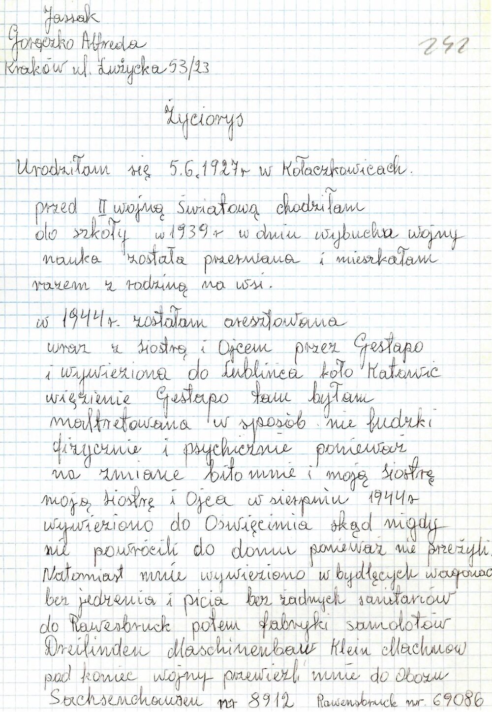 Życiorys spisany przez Alfredę Gorączko. Fot. IPN