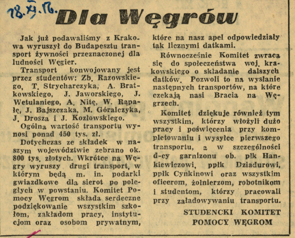 Wycinek prasowy o konwoju z Krakowa