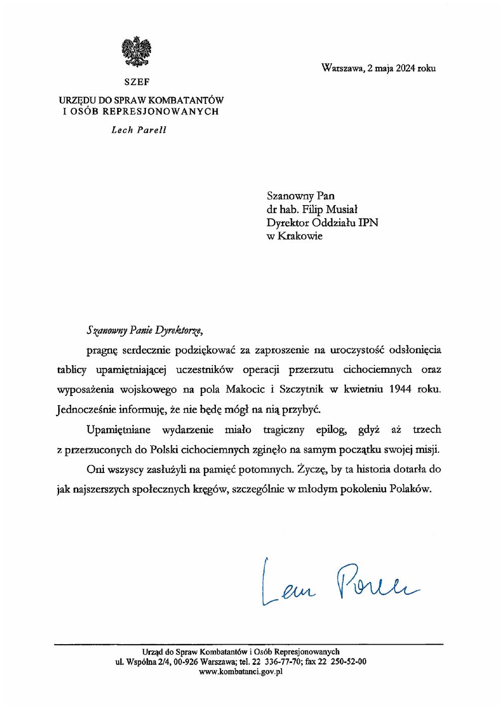 Okolicznościowy list od Lecha Parella, szefa Urzędu ds. Kombatantów i Osób Represjonowanych