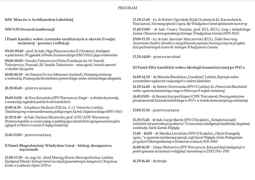 Zapraszamy na ogólnopolską konferencję naukową „Katolickie elity wobec systemów totalitarnych (1939–1989). W 80. rocznicę męczeńskiej śmierci błogosławionego biskupa Władysława Gorala” – Lublin, 23 kwietnia 2025
