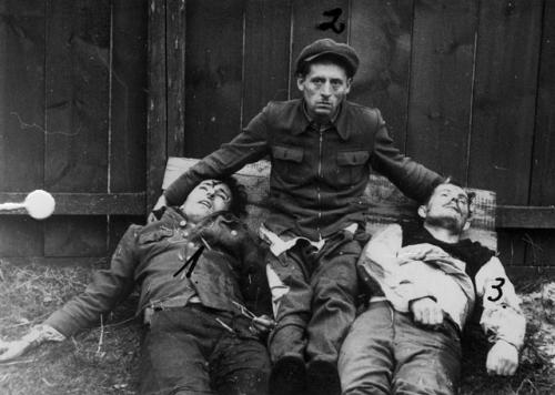 zabici przez grupę operacyjną WUBP Lublin i jednostki KBW w Zbereżu nad Bugiem pow. Włodawa (od lewej) Stanisław Torbicz "Kazik", Edward Taraszkiewicz "Żelazny", między nimi siedzi ujęty Stanisław Marciniak "Niewinny" - fot. 