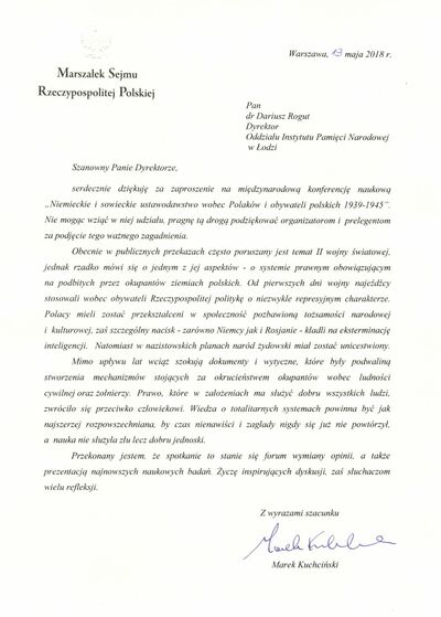List Marszałka Sejmu Marka Kuchcińskiego