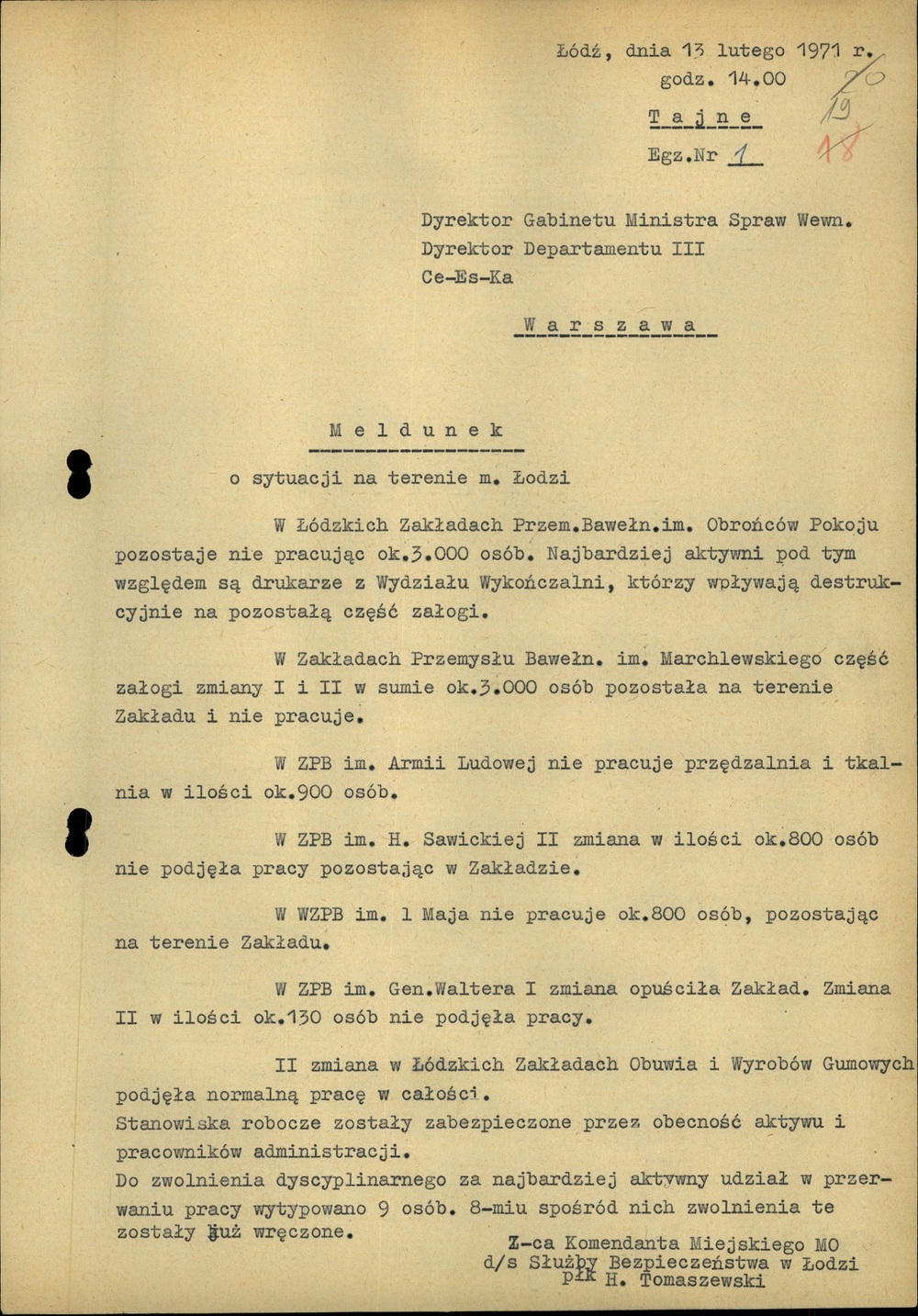 Meldunek o sytuacji na terenie Łodzi z dnia 13 lutego 1971 r. (sygn. AIPN Ld 0122/504, s.19)