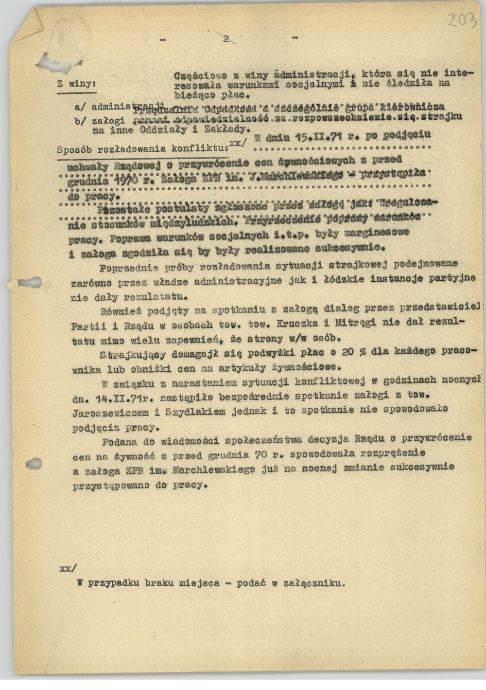 Ankieta dotycząca strajku w Zakładach Przemysłu Bawełnianego im.  „J. Marchlewskiego”, b.d. (sygn. AIPN Ld pf 10/749 t. 2, k. 203)