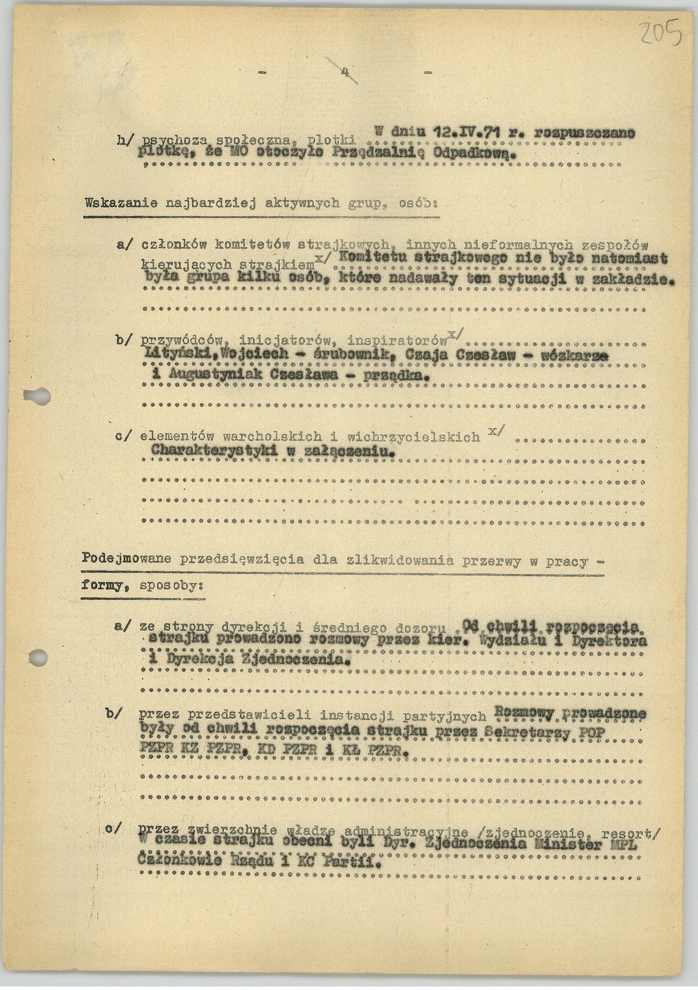 Ankieta dotycząca strajku w Zakładach Przemysłu Bawełnianego im.  „J. Marchlewskiego”, b.d. (sygn. AIPN Ld pf 10/749 t. 2, k. 205)