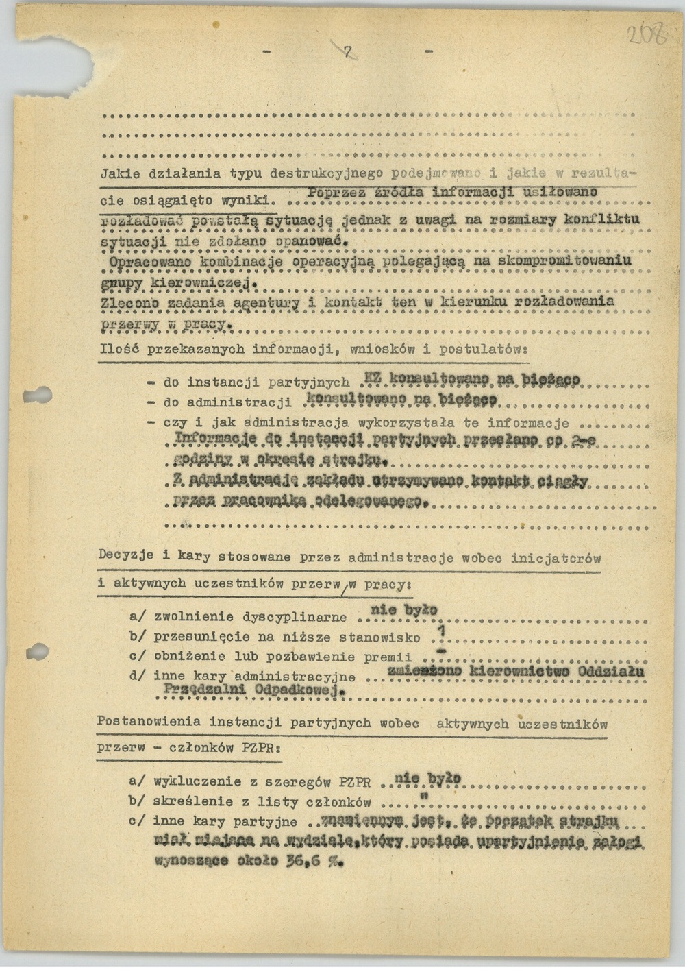 Ankieta dotycząca strajku w Zakładach Przemysłu Bawełnianego im.  „J. Marchlewskiego”, b.d. (sygn. AIPN Ld pf 10/749 t. 2, k. 208)