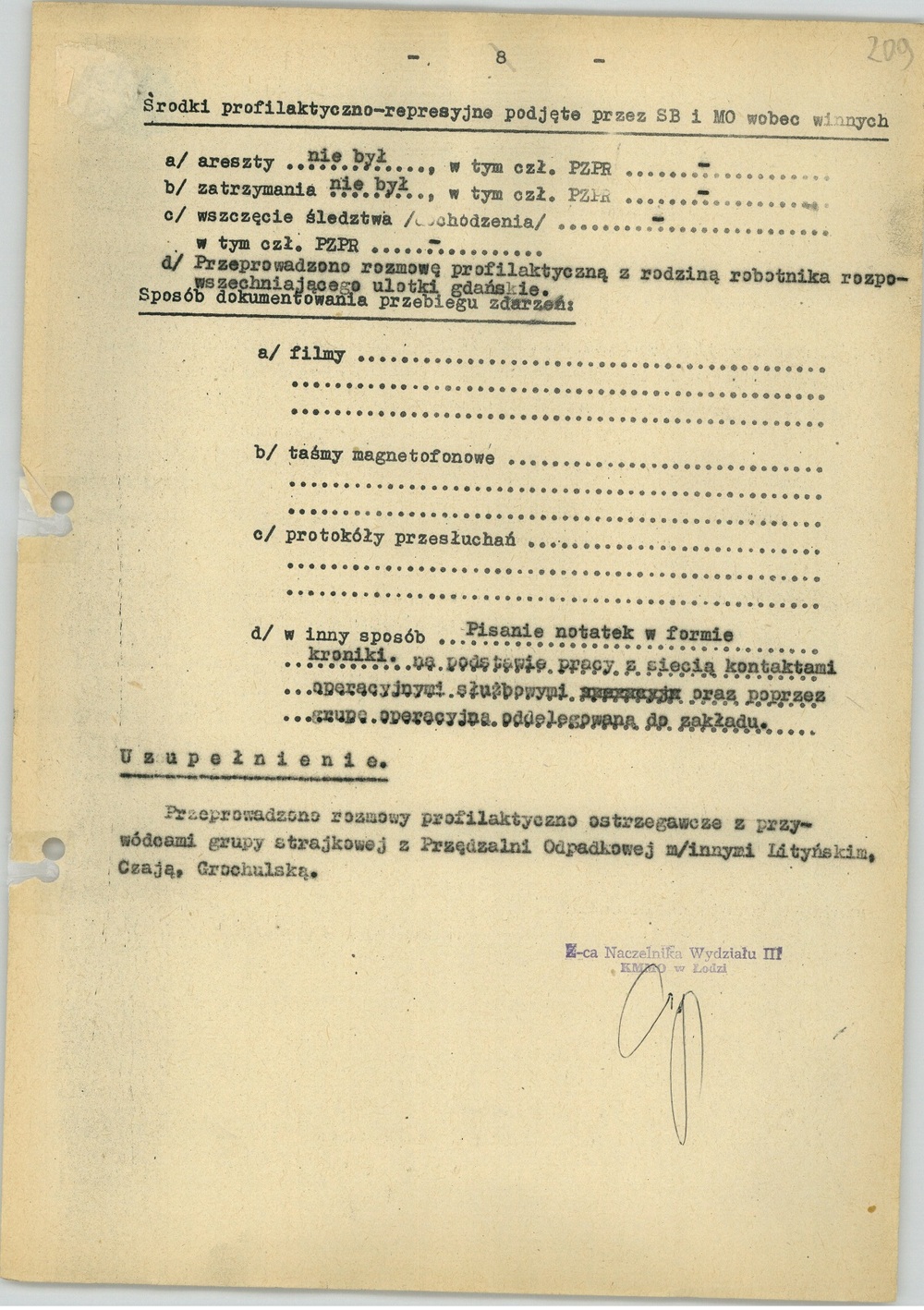 Ankieta dotycząca strajku w Zakładach Przemysłu Bawełnianego im.  „J. Marchlewskiego”, b.d. (sygn. AIPN Ld pf 10/749 t. 2, k. 209)