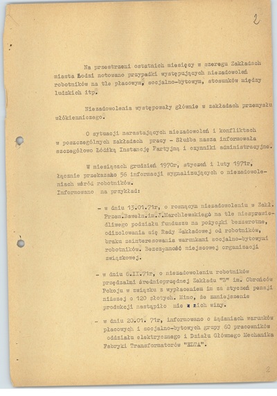 Wstępna ocena sytuacji polityczno-operacyjnej w zakładach gospodarki narodowej i niektórych środowiskach miasta Łodzi z dnia 19 lutego 1971 r., k. 1 (sygn. AIPN Ld pf 10/987, k. 2)