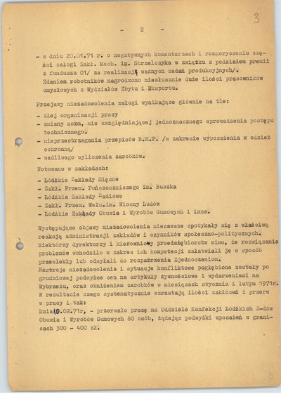 Wstępna ocena sytuacji polityczno-operacyjnej w zakładach gospodarki narodowej i niektórych środowiskach miasta Łodzi z dnia 19 lutego 1971 r., k. 2 (sygn. AIPN Ld pf 10/987, k. 3)