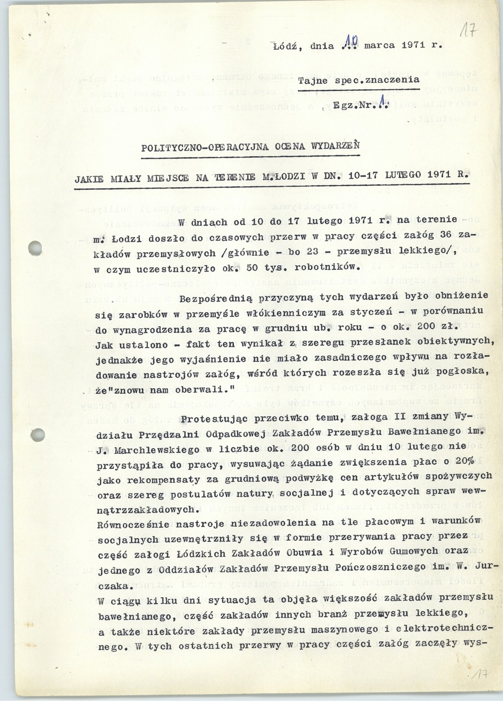 Polityczno-operacyjna ocena wydarzeń w Łodzi z 10 marca 1971 r., k. 1 (sygn. AIPN Ld pf 10/987, k. 17)