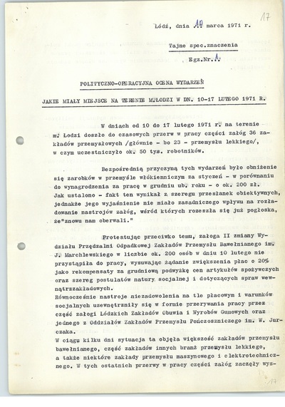 Polityczno-operacyjna ocena wydarzeń w Łodzi z 10 marca 1971 r., k. 1 (sygn. AIPN Ld pf 10/987, k. 17)