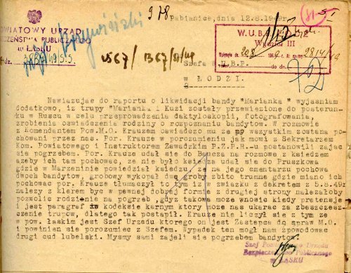 Pismo Szefa PUBP w Łasku do Szefa WUBP w Łodzi z 12 VIII 1949 r. (Archiwum IPN w Łodzi, WUBP w Łodzi, sygn. pf 10/747, t. I, k. 72).