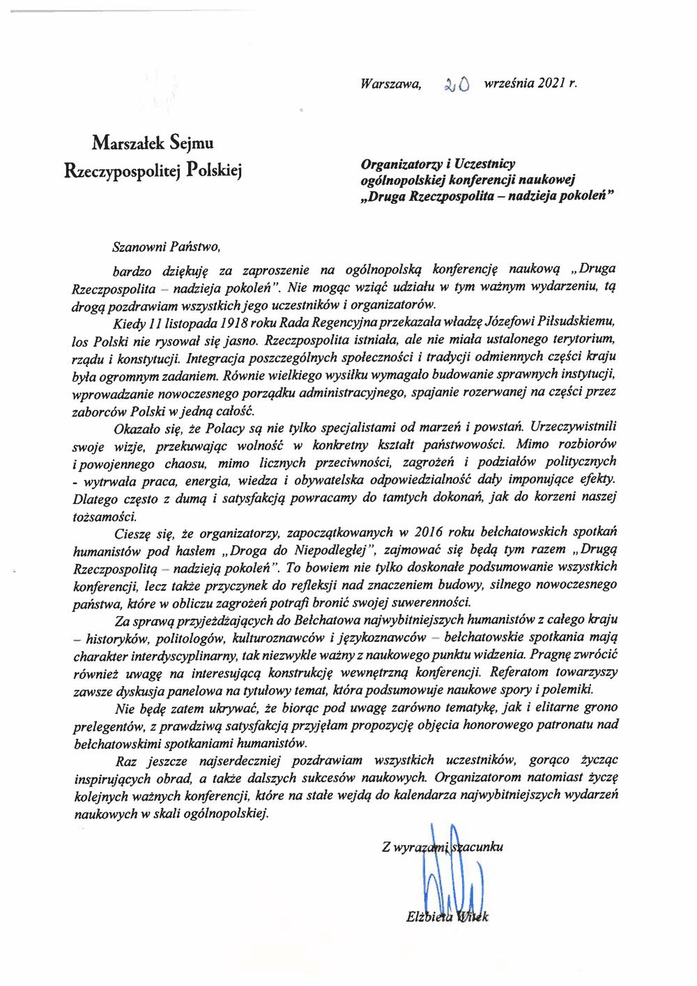 List Marszałek Elżbiety Wiek do uczestników konferencji naukowej pt. "Druga Rzeczpospolita - nadzieja pokoleń" w Bełchatowie 2021 r.
