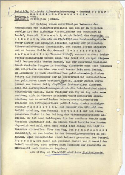 Pismo okólne Dowództwa Policji Bezpieczeństwa i SD Generalnego Gubernatorstwa dotyczące aresztowania gen. Michała Tokarzewskiego-Karaszewicza, Warszawa, 2 kwietnia 1942 r. (AIPN Ld 1/270, k. 6–8)