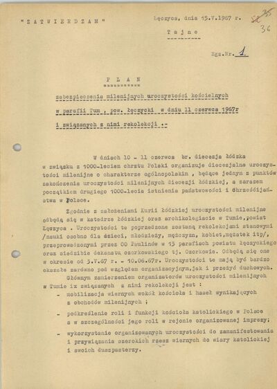 Plan SB KP MO w Łęczycy dotyczący „zabezpieczenia” uroczystości milenijnych w Tumie oraz poprzedzających je rekolekcji, 15 maja 1967 r. (AIPN Łd, pf 10/810, k. 43)