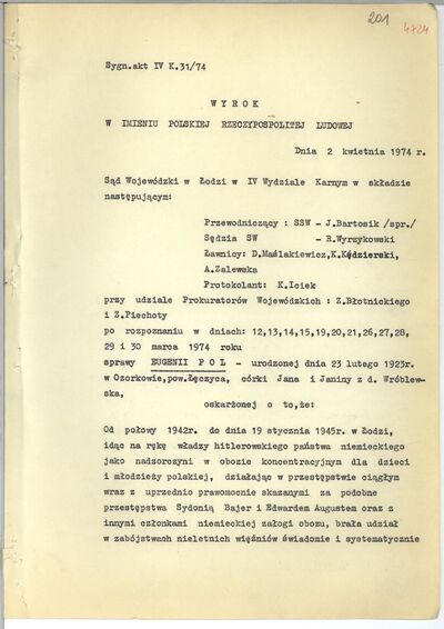 Pierwsze dwie strony wyroku Sądu Wojewódzkiego w Łodzi w sprawie przeciwko Eugenii Pohl/Pol, 2 kwietnia 1974 r. (AIPN Łd, 503/106, t. 2, k. 370–371)