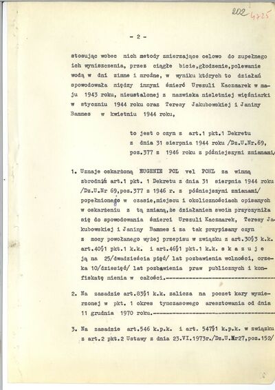 Pierwsze dwie strony wyroku Sądu Wojewódzkiego w Łodzi w sprawie przeciwko Eugenii Pohl/Pol, 2 kwietnia 1974 r. (AIPN Łd, 503/106, t. 2, k. 370–371)