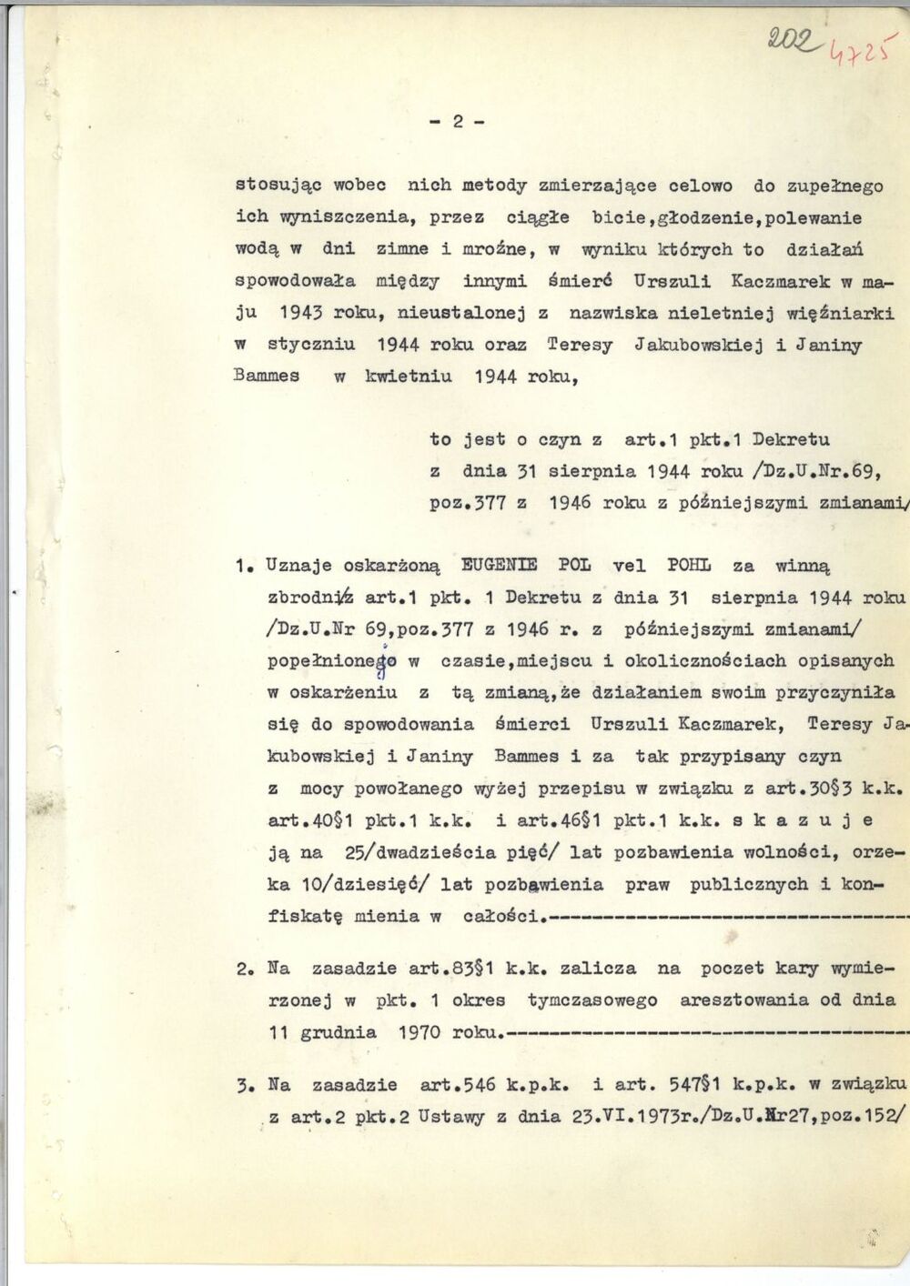 Pierwsze dwie strony wyroku Sądu Wojewódzkiego w Łodzi w sprawie przeciwko Eugenii Pohl/Pol, 2 kwietnia 1974 r. (AIPN Łd, 503/106, t. 2, k. 370–371)