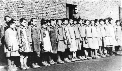 W głębi Eugenia Pohl podczas apelu grupy więźniarek w części obozu przy ul. Przemysłowej w Łodzi przeznaczonego dla dziewcząt, b.d. (AIPN Łd, 503/106, t. 25, k. 2/2)